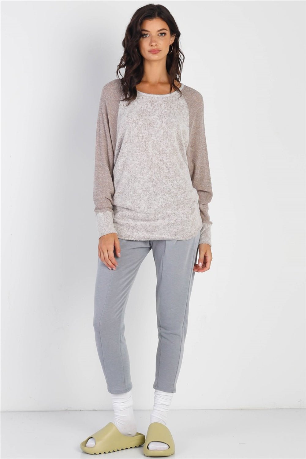 Cherish Apparel Round Neck Long Sleeve Contrast Top - Happily Ever Atchison Shop Co.