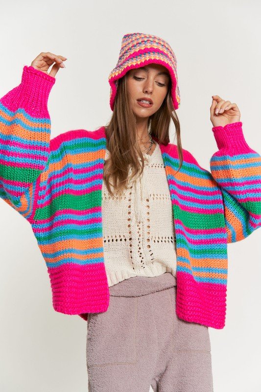 Chunky Knit Multi-Striped Open Sweater Cardigan - Happily Ever Atchison Shop Co.