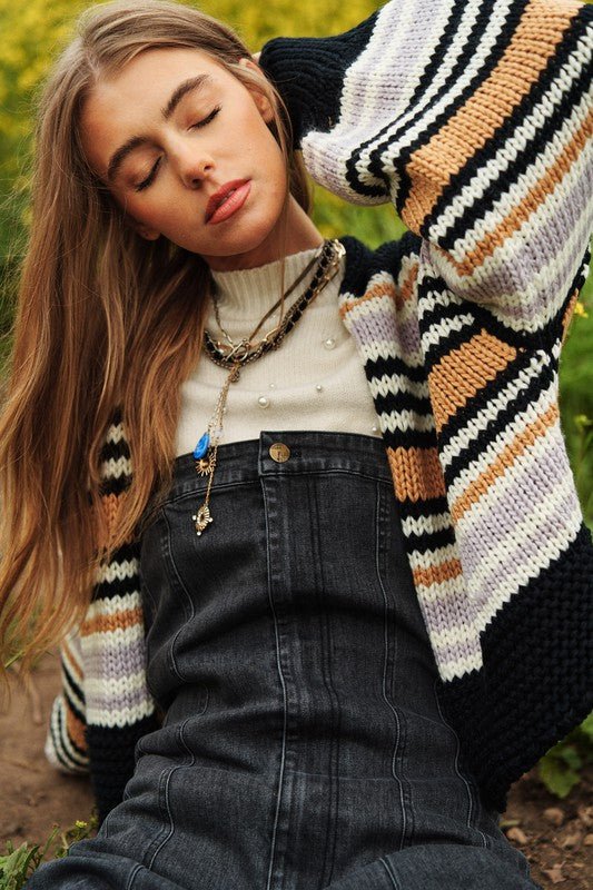 Chunky Knit Multi-Striped Open Sweater Cardigan - Happily Ever Atchison Shop Co.