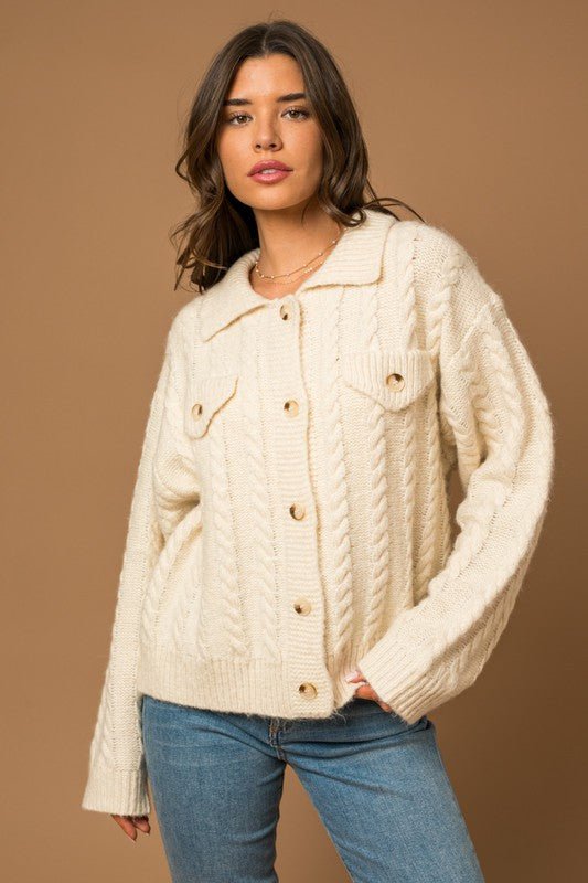 Collared Cable Sweater Cardigan - Happily Ever Atchison Shop Co.