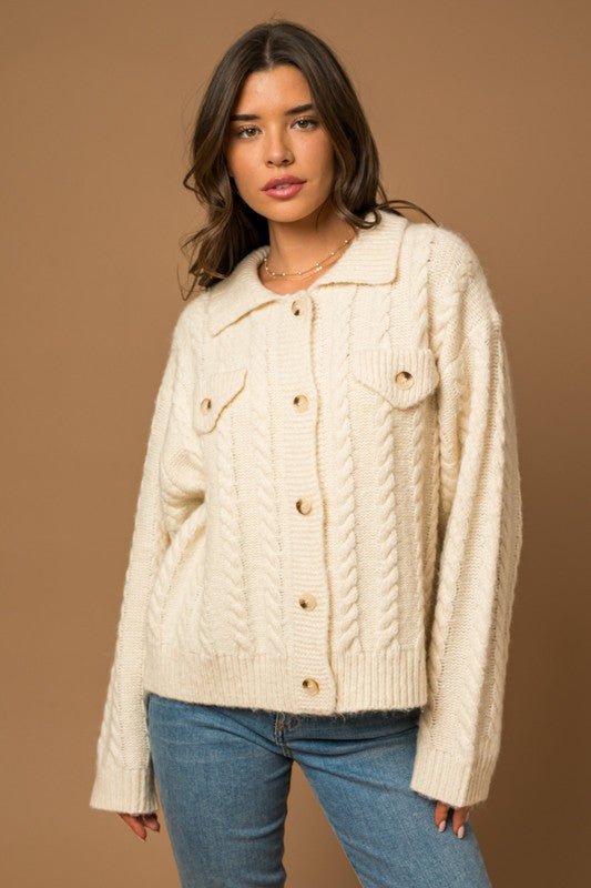 Collared Cable Sweater Cardigan - Happily Ever Atchison Shop Co.