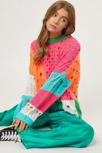 Color Block Distressed Detail Pullover Sweater - Happily Ever Atchison Shop Co.