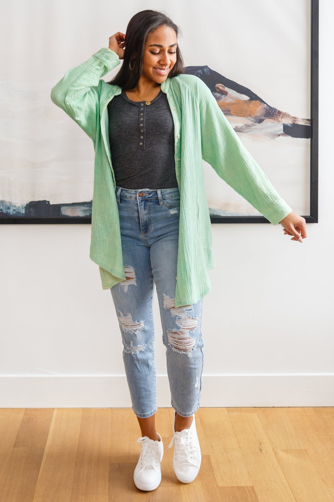 Corey Button Up Top In Vintage Green - Happily Ever Atchison Shop Co.