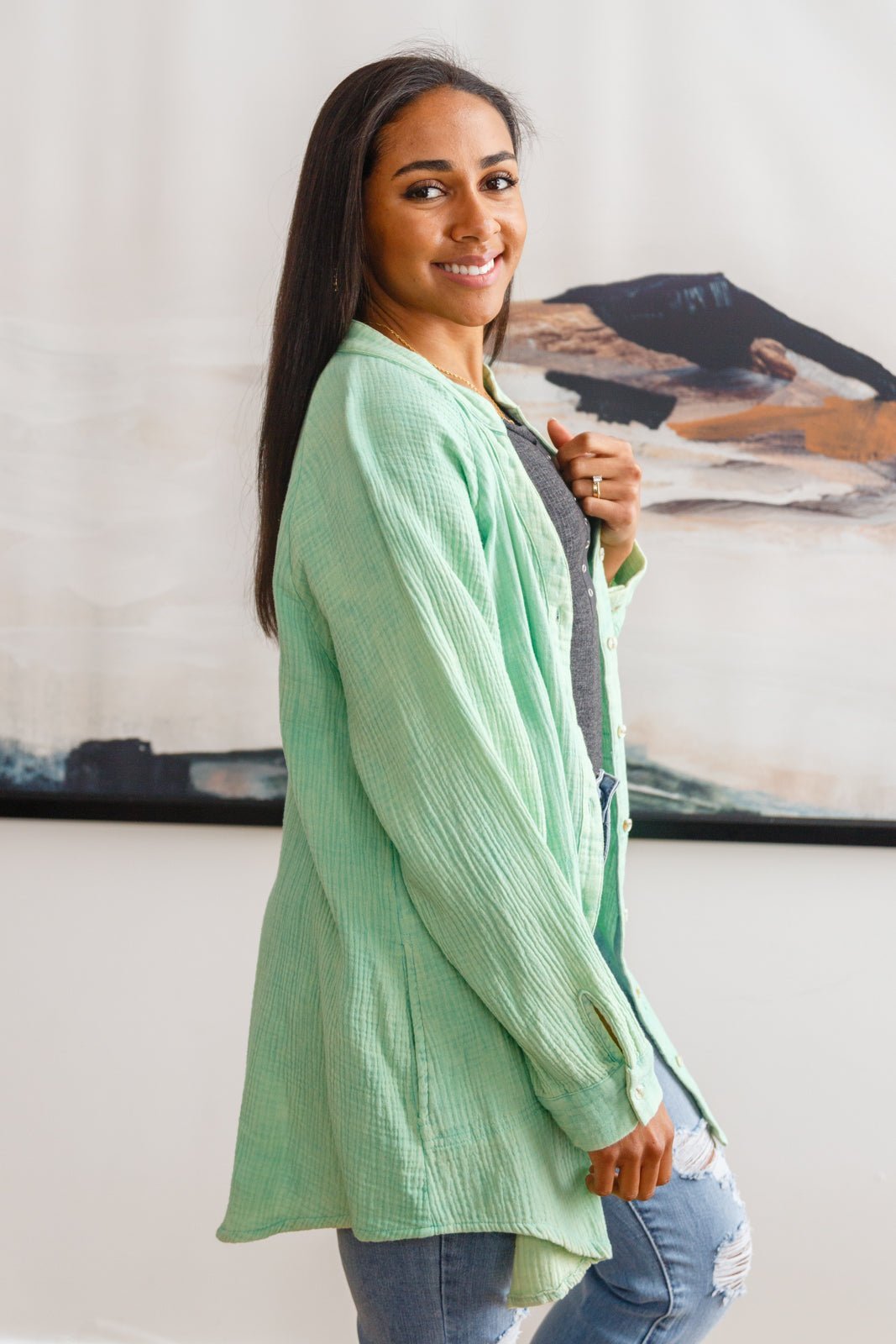 Corey Button Up Top In Vintage Green - Happily Ever Atchison Shop Co.