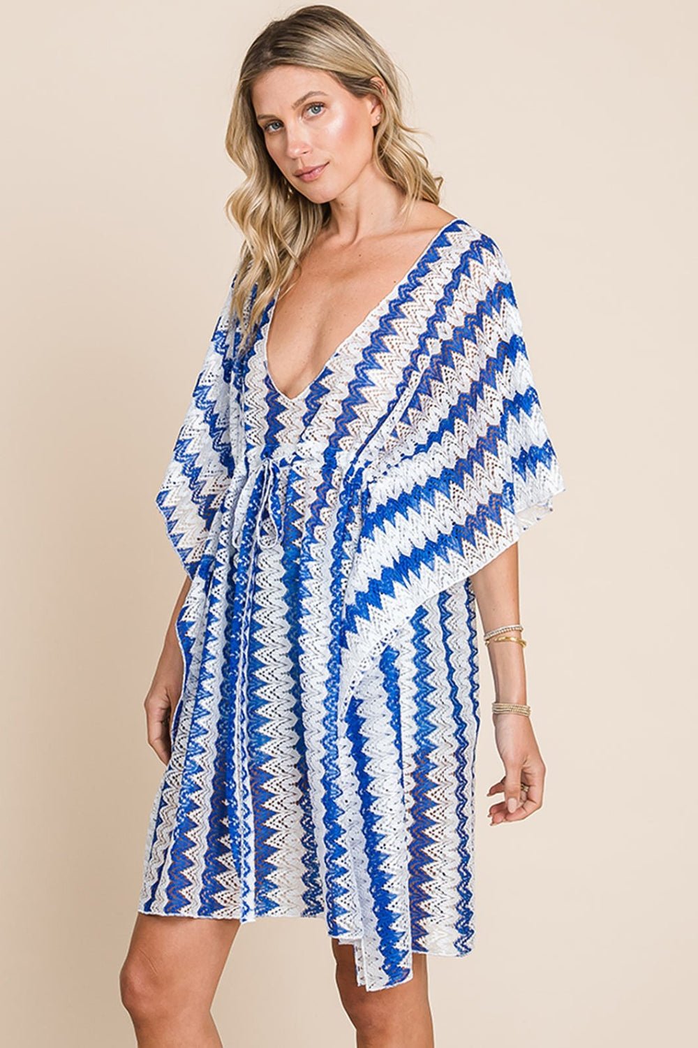 Cotton Bleu by Nu Lab Tied Striped Plunge Half Sleeve Cover-Up - Happily Ever Atchison Shop Co.