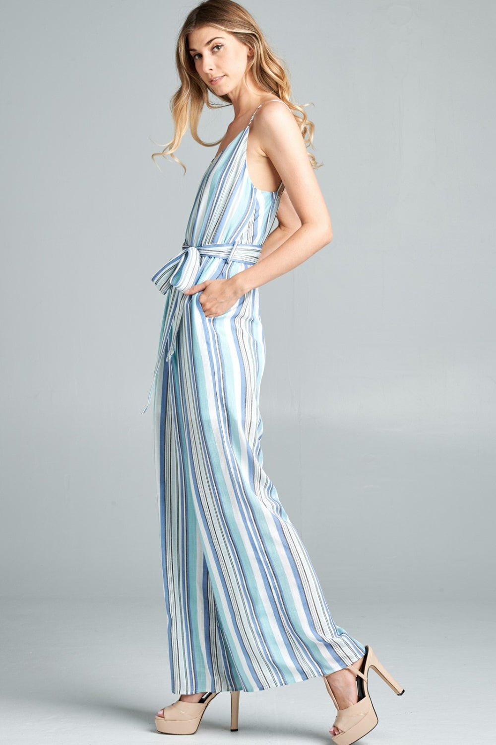 Cotton Bleu by Nu Label Tie Front Striped Sleeveless Jumpsuit - Happily Ever Atchison Shop Co.