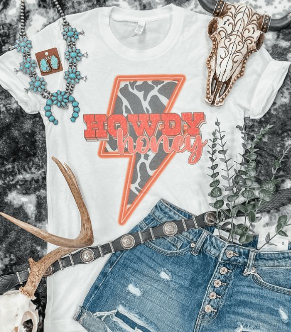 Cowhide Neon Howdy Honey Graphic Tee - Happily Ever Atchison Shop Co.