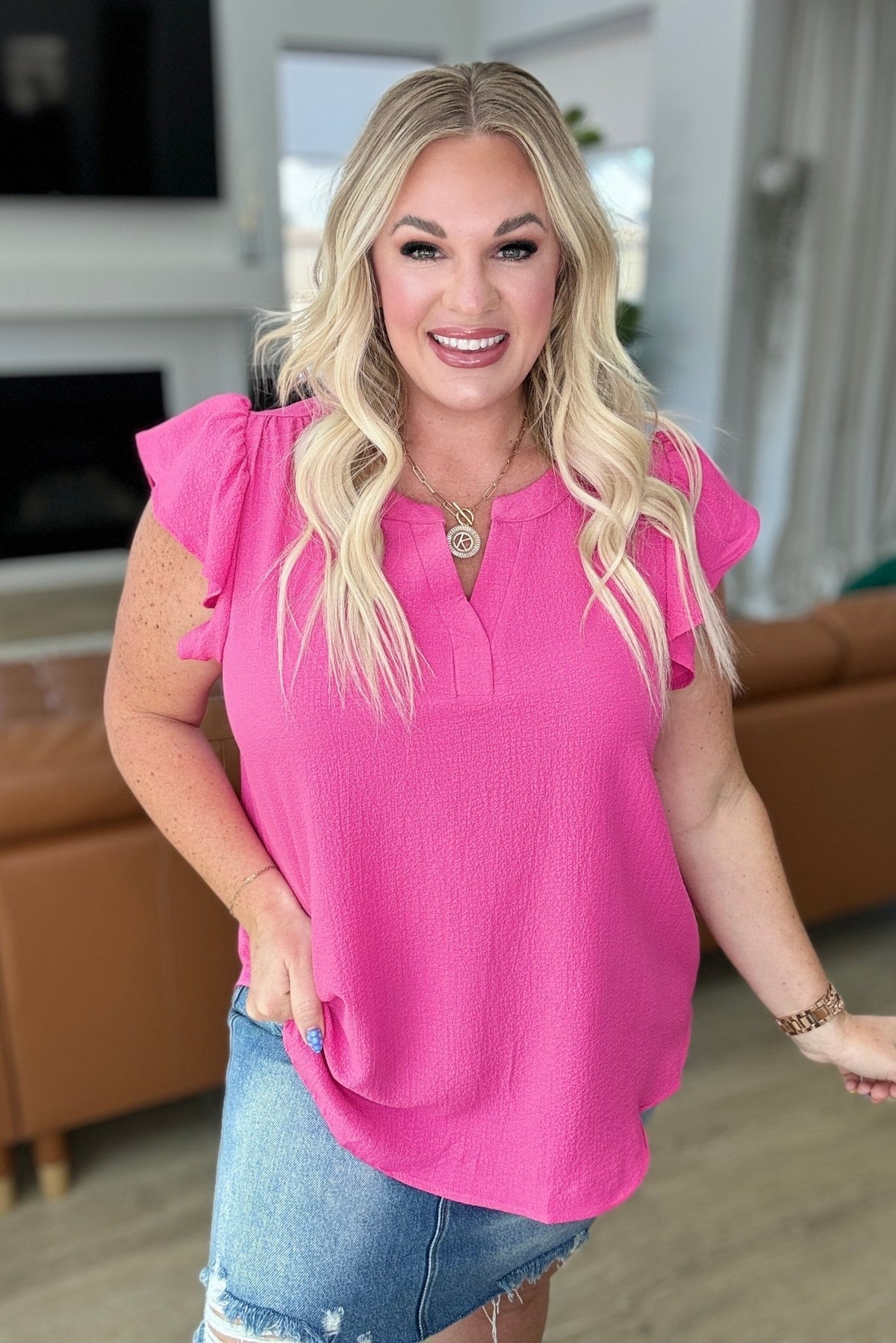 Crinkle Split Neckline Flutter Sleeve Top in Hot Pink - Happily Ever Atchison Shop Co.