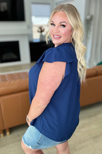 Crinkle Split Neckline Flutter Sleeve Top in Navy - Happily Ever Atchison Shop Co.