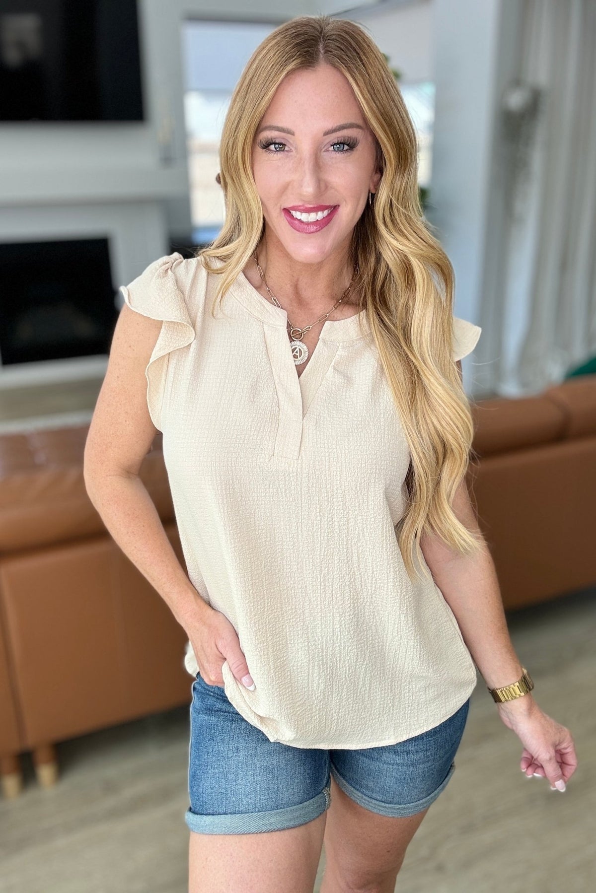 Crinkle Split Neckline Flutter Sleeve Top in Taupe - Happily Ever Atchison Shop Co.