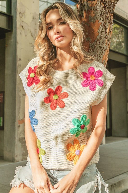 Crochet Flower Embroidery Knit Top - Happily Ever Atchison Shop Co.