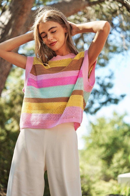 Crochet Multi Striped Pullover Knit Sweater Vest - Happily Ever Atchison Shop Co.