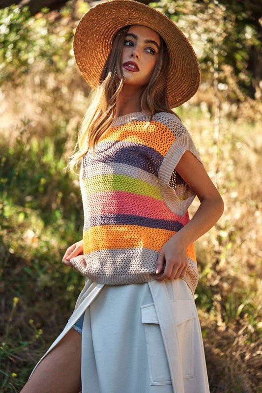 Crochet Multi Striped Pullover Knit Sweater Vest - Happily Ever Atchison Shop Co.