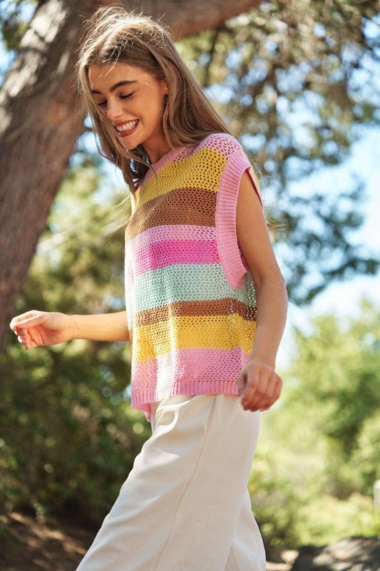 Crochet Multi Striped Pullover Knit Sweater Vest - Happily Ever Atchison Shop Co.