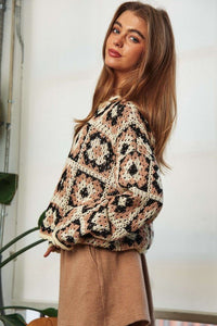 Crochet Patchwork Round Neck Pullover Sweater Top - Happily Ever Atchison Shop Co.