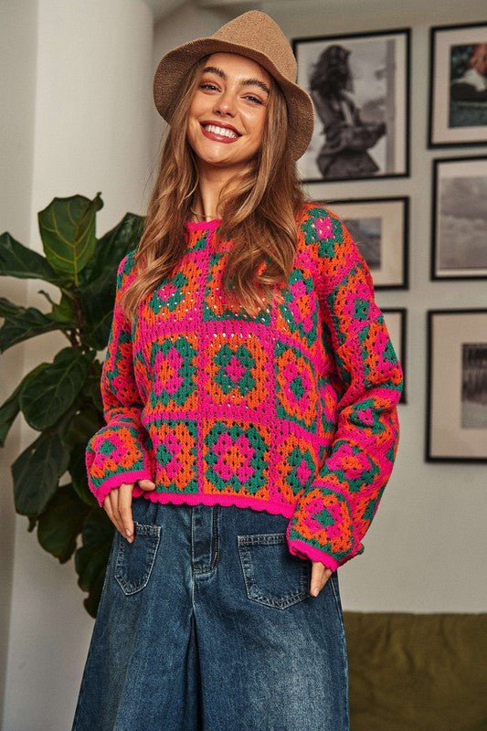 Crochet Patchwork Round Neck Pullover Sweater Top - Happily Ever Atchison Shop Co.