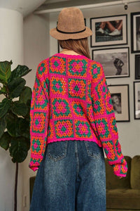 Crochet Patchwork Round Neck Pullover Sweater Top - Happily Ever Atchison Shop Co.