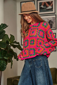 Crochet Patchwork Round Neck Pullover Sweater Top - Happily Ever Atchison Shop Co.