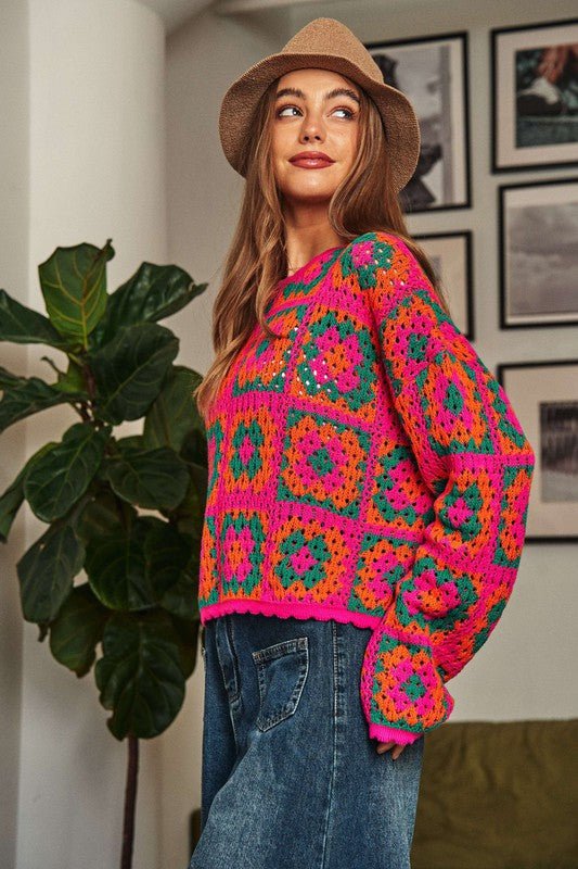 Crochet Patchwork Round Neck Pullover Sweater Top - Happily Ever Atchison Shop Co.