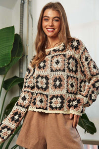 Crochet Patchwork Round Neck Pullover Sweater Top - Happily Ever Atchison Shop Co.