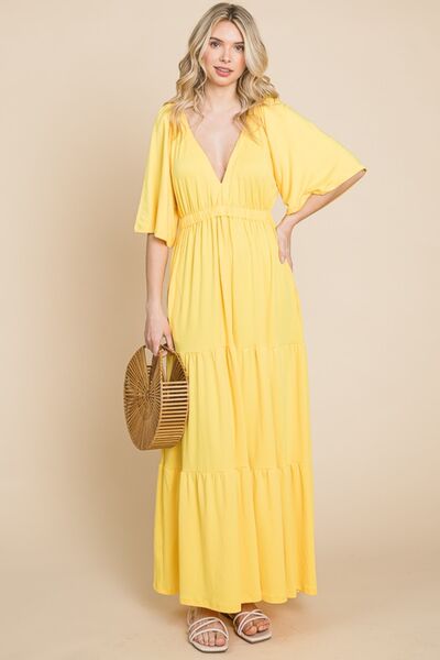 Culture Code Backless Plunge Half Sleeve Tiered Dress - Happily Ever Atchison Shop Co.