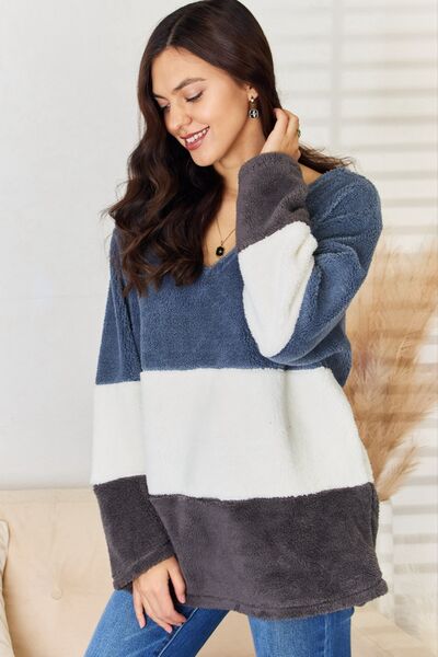 Culture Code Faux Fur Color Block V-Neck Sweater - Happily Ever Atchison Shop Co.