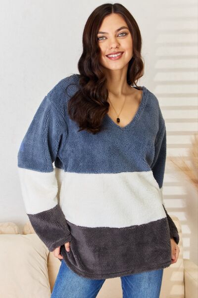 Culture Code Faux Fur Color Block V-Neck Sweater - Happily Ever Atchison Shop Co.