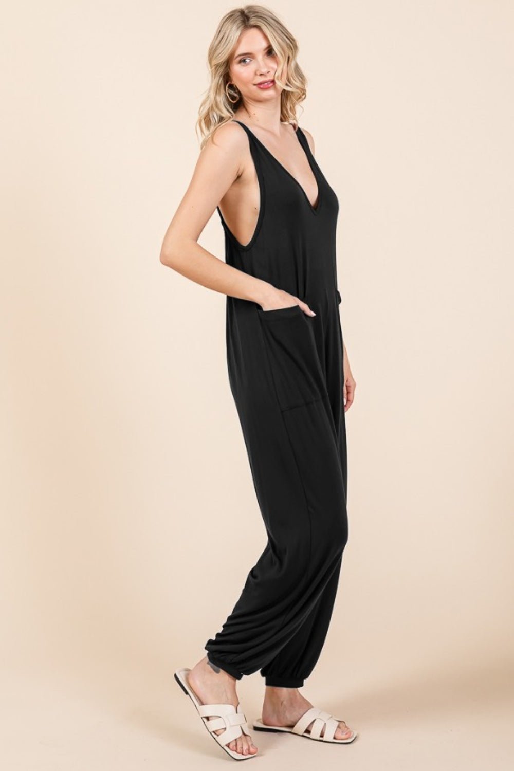 Culture Code Full Size Plunge Sleeveless Jumpsuit with Pockets - Happily Ever Atchison Shop Co.