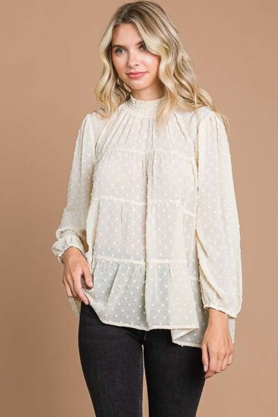 Culture Code Full Size Swiss Dot Smocked Mock Neck Blouse - Happily Ever Atchison Shop Co.