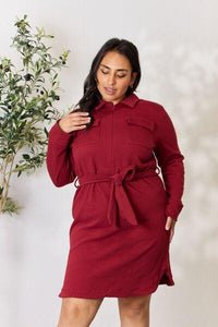 Culture Code Full Size Tie Front Half Zip Long Sleeve Shirt Dress - Happily Ever Atchison Shop Co.