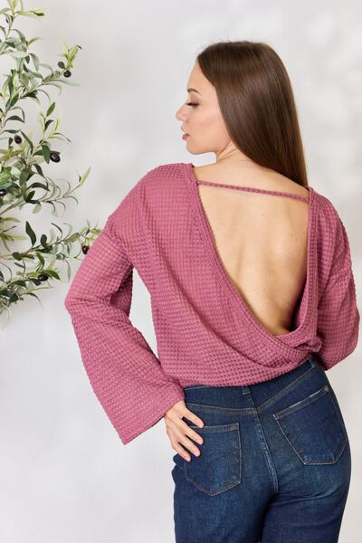 Culture Code Full Size Waffle-Knit Round Neck Long Sleeve Blouse - Happily Ever Atchison Shop Co.