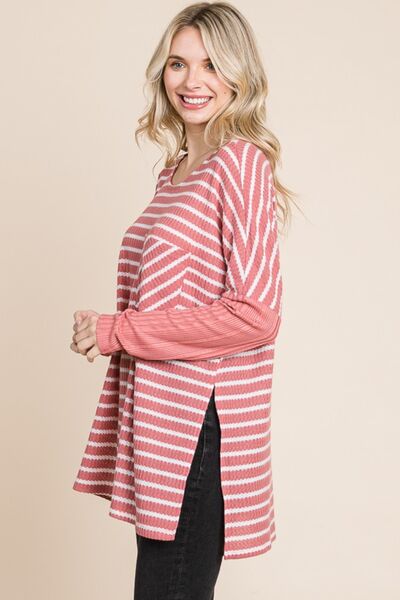 Culture Code Oversize Striped Round Neck Long Sleeve Slit T-Shirt - Happily Ever Atchison Shop Co.