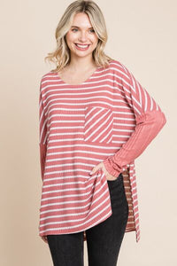 Culture Code Oversize Striped Round Neck Long Sleeve Slit T-Shirt - Happily Ever Atchison Shop Co.