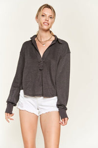 Deep V-neck Collared Longsleeve Knit Top - Happily Ever Atchison Shop Co.