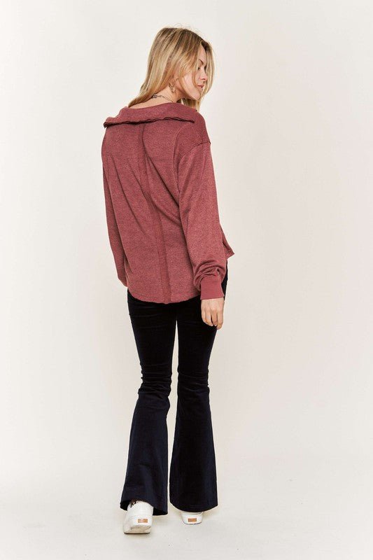 Deep V-neck Collared Longsleeve Knit Top - Happily Ever Atchison Shop Co.