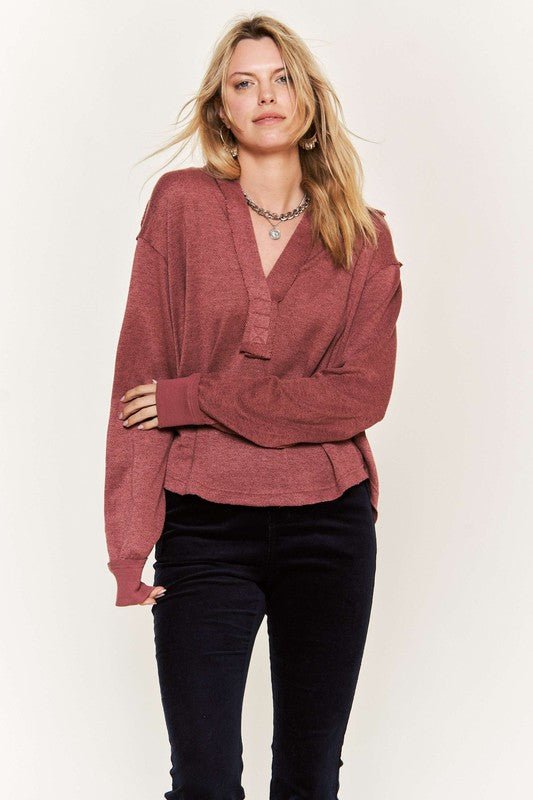 Deep V-neck Collared Longsleeve Knit Top - Happily Ever Atchison Shop Co.