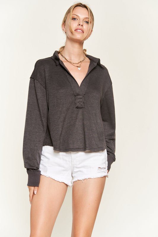 Deep V-neck Collared Longsleeve Knit Top - Happily Ever Atchison Shop Co.