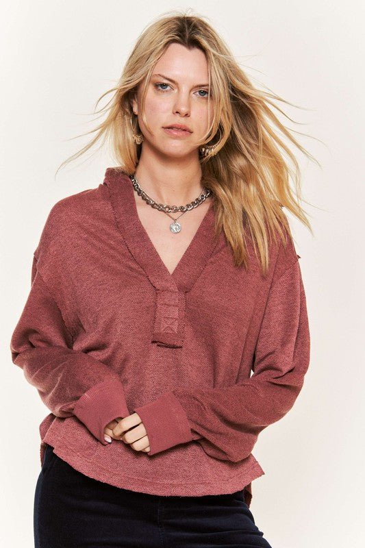 Deep V-neck Collared Longsleeve Knit Top - Happily Ever Atchison Shop Co.