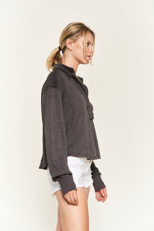 Deep V-neck Collared Longsleeve Knit Top - Happily Ever Atchison Shop Co.