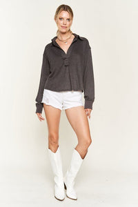 Deep V-neck Collared Longsleeve Knit Top - Happily Ever Atchison Shop Co.