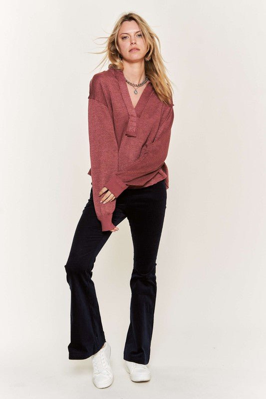 Deep V-neck Collared Longsleeve Knit Top - Happily Ever Atchison Shop Co.