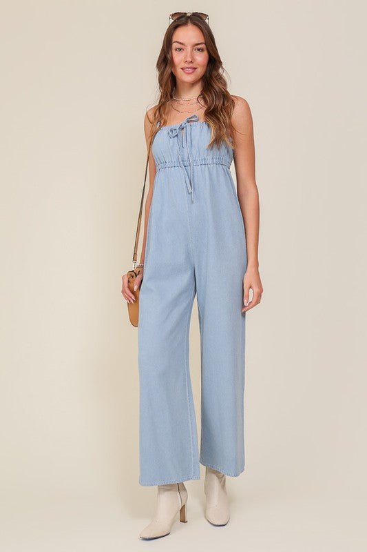 Denim Blue Sleeveless Jumpsuit With Self Jump Tie - Happily Ever Atchison Shop Co.