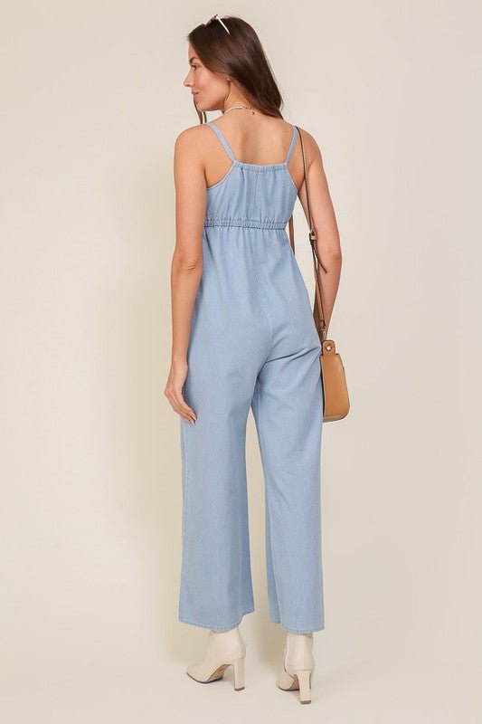 Denim Blue Sleeveless Jumpsuit With Self Jump Tie - Happily Ever Atchison Shop Co.