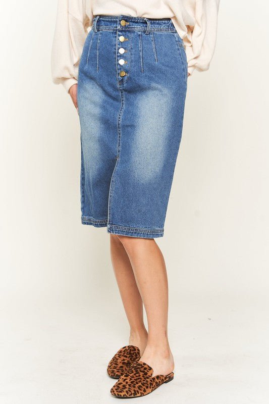 Denim Button Down Front Midi Skirt - Happily Ever Atchison Shop Co.