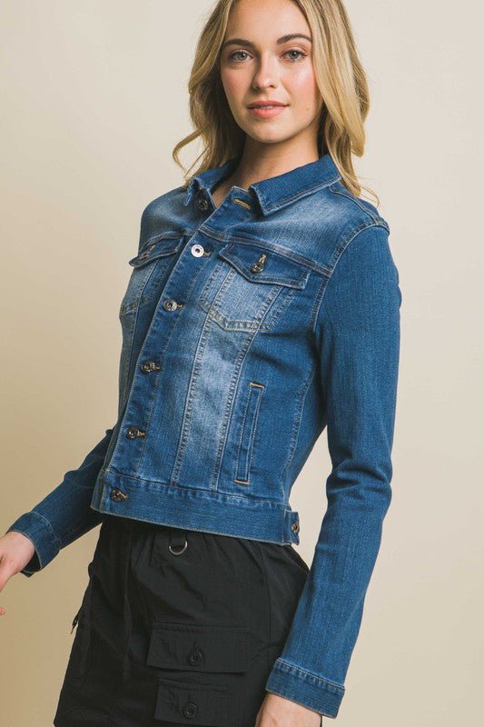 Distressed Button Up Stretchy Cotton Denim Jacket - Happily Ever Atchison Shop Co.