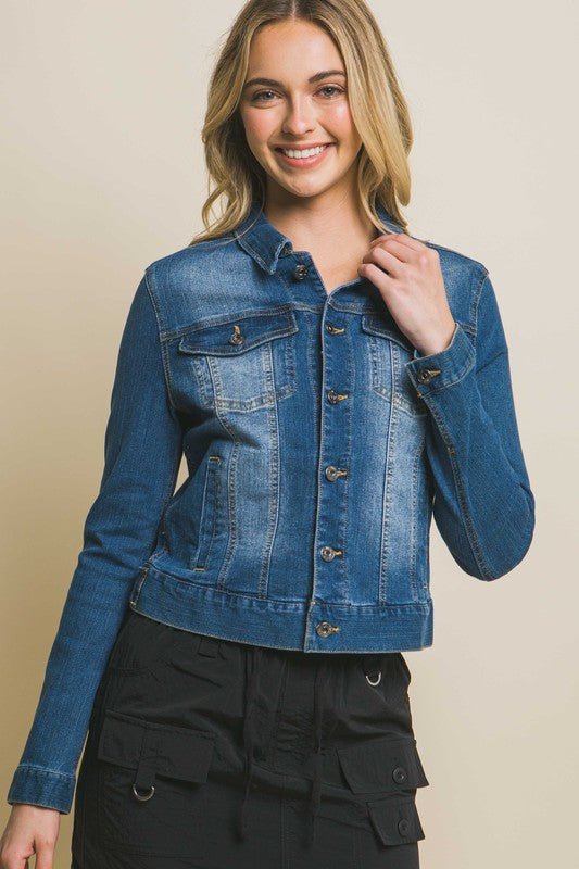 Distressed Button Up Stretchy Cotton Denim Jacket - Happily Ever Atchison Shop Co.