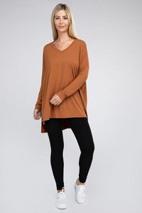 Dolman Long Sleeve V-Neck Side Slit Hi-Low Hem Top - Happily Ever Atchison Shop Co.