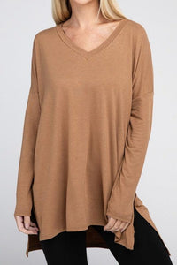 Dolman Long Sleeve V-Neck Side Slit Hi-Low Hem Top - Happily Ever Atchison Shop Co.