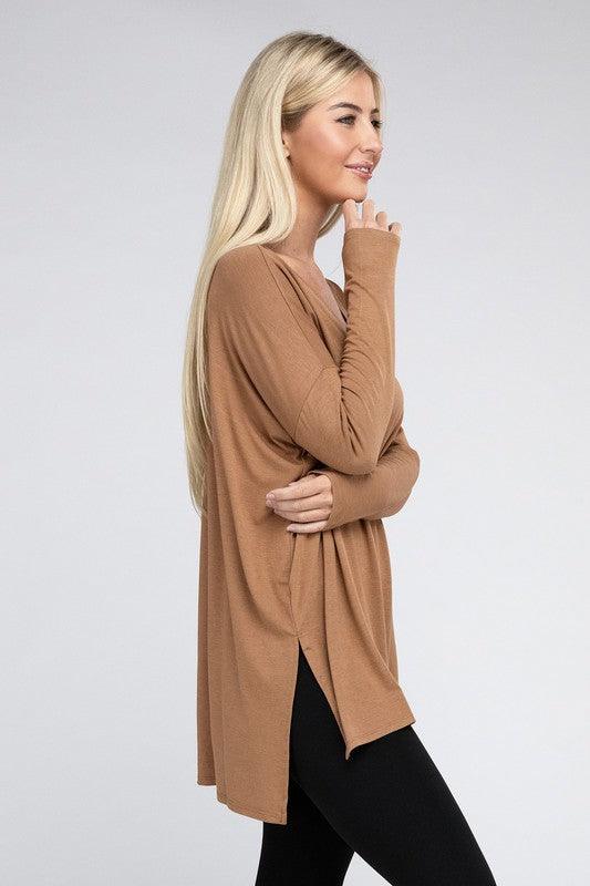 Dolman Long Sleeve V-Neck Side Slit Hi-Low Hem Top - Happily Ever Atchison Shop Co.