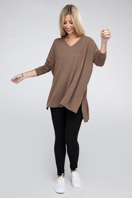 Dolman Long Sleeve V-Neck Side Slit Hi-Low Hem Top - Happily Ever Atchison Shop Co.